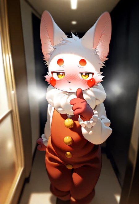 (zuppu11), xi410, 748cm, alens, nyalia, kyomu, youlichu, 1boy, solo, furry, cute, kemono, masterpiece, best quality, very awa, very aesthetic, absurdres, questionable, looking at viewer, blushing, steamy breath, clown