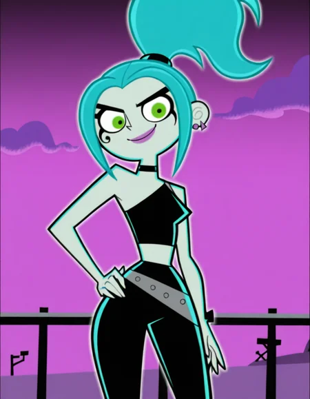 <lora:Ember_McLainIllustrious1.0JLFO:1> emberm, 1girl, blue hair, earrings, jewelry, ponytail, makeup, green eyes, solo, smile, lipstick, colored skin, choker, looking at viewer, hand on own hip, cowboy shot,, masterpiece, best quality, amazing quality, very aesthetic, absurdres