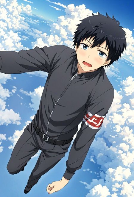 high resolution, solo, best quality, 1Boy, Arata Kaizaki, Black Hair, Blue Eyes, free fall, sky , OverallDetail