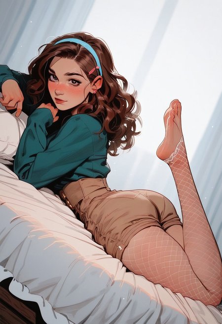 score_9, score_8_up, score_8_up, 1 cute adorable, ((romantic eye contact)), looking at you Lovingly, dreamy eyes, a girl in love, feeling of love,brown wavy hair, cuteness overload, girl, depth of field, raw, kicking her feet up, ass view, intimate shot, posing, nsfw, lace, thick thighs, hairclips, hairband, narrow waist, fishnet thighs, high waist thongs, nipple, side view,  lying on bed, lying on stomach, raised arms, obedient,
