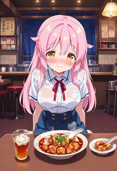 1girl, solo, mgyunishirakawa, pink hair, hair flaps, half updo, long hair, hair down, yellow eyes, white shirt, short sleeves, neck ribbon, medium breasts, blue skirt, indoors, restaurant, table, chair, lamp, counter, stool, spoon, plate, mapo tofu, smile, sweating, blush, steam, hot food, sitting, looking at viewer,