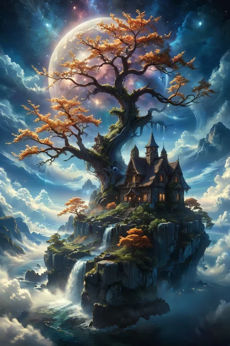 A stunning, hyper-realistic fantasy scene featuring a floating island situated above the clouds. The island hosts a quaint, rustic cottage and a towering ancient tree, their intricate details meticulously rendered. A cascading waterfall flows gracefully from the island, disappearing into the clouds below. The night sky above is ablaze with vibrant colors, stars twinkling against a backdrop of auroras and nebulae, enhancing the ethereal quality of the scene. The environment exudes a magical, dreamlike ambiance, making it feel like a paradise straight out of a fairytale. Fantasy, magical, hyper-realistic, detailed, vibrant, serene, ethereal, dreamlike, mystical, breathtaking. milky way, aurora,
<lora:ral-mtclniscp-sdxl:0.7> ral-mtclniscp,
<lora:add-detail-xl:1.0>,
<lora:EnvyBetterHiresFixXL01:1.0>,
<lora:extremely_detailed:1.0>, extremely detailed,
<lora:EldritchMixIllustration_1.1:0.5>,
<lora:zavy-cntrst-sdxl:0.75> dark, chiaroscuro, low-key,
<lora:xl_floating:0.85> floating island, surreal,