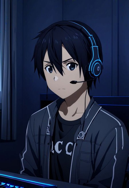 high resolution, professional photography, best quality, 1Boy, Kirigaya Kazuto, Black Hair, Black Eyes, overalldetail, gamer, bedroom, night, pc, sit, headset, potrait