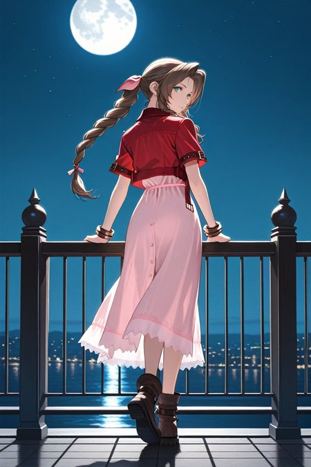masterpiece, best quality, absurdres,
<lora:ILFF7Aerith:0.8>
FF7Aerith, 1girl, brown hair, green eyes, long hair, braided ponytail, looking at viewer, from behind, night sky, railing, full body, looking back, moon
