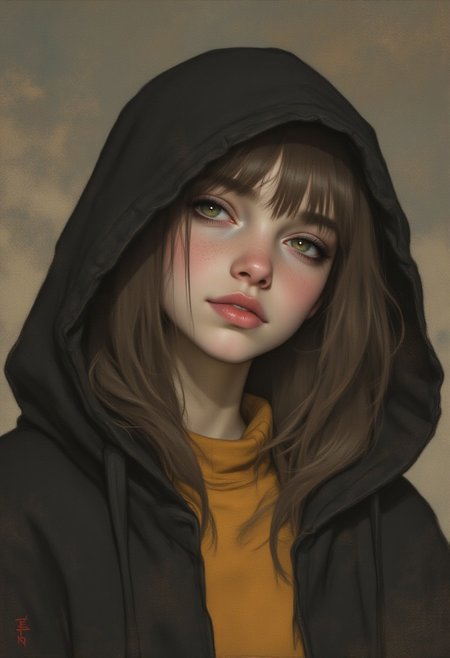anime art,by Ashley Wood, deep meaningful context backgrounds, young  woman wearing a black hood, yellow turtleneck sweater, with vibrant brown eyes, OBxiaoxiang