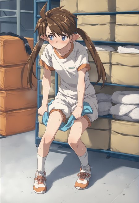 1girl, solo, blue eyes, brown hair, twintails, long hair, pointy ears, brown hair, t-shirt, bloomers, socks, sneakers, sweat, towel, wipping sweat, gym storeroom, blush, looking to the side <lora:Nowa XL:1>, score_9, score_8_up, score_7_up, score_6_up, score_5_up, score_4_up, BREAK source_anime, masterpiece
