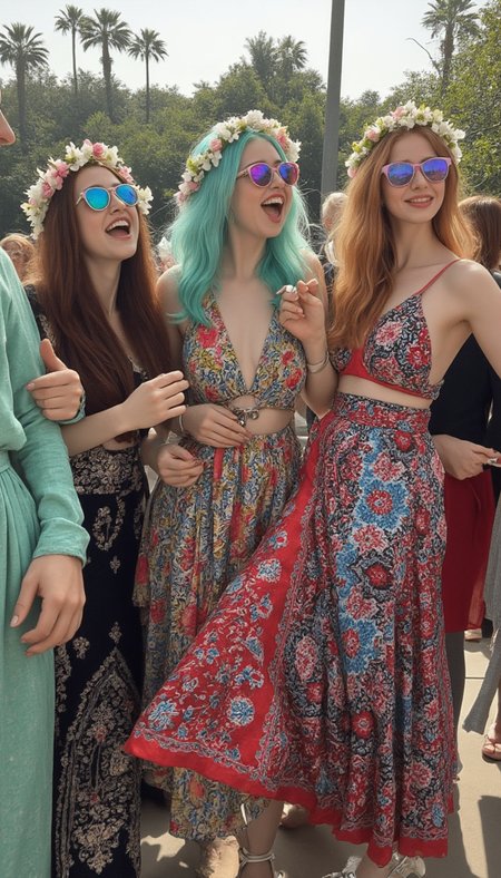 Generate a photorealistic image of a 1960s hippie girl taken with a camera made in that era. 

She has long, flowing pastel blue hair with a flower crown. 

She wears a flowing maxi dress with astonishing colors and astonishing patterns. She is wearing round sunglasses with brightly colored lenses.

She is laughing with her friends, sharing a joint, and feeling a sense of freedom and community.

She has realistic skin that is not flawless. She has Downturned Sapphire eyes. She has a aquiline nose. She has a sharp chin. She has a titanic Close Set breasts. She has natural unshaven body hair.  She has not recently showered, her skin may be a little bit dirty. She wears little make-up except for her lip gloss.  She has painted toenails