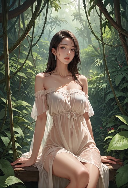 1girl,solo,,ruanyi0837,off-shoulder dress,see-through,jungle,bush,overgrown,vines,<lora:0837 One shoulder sequined tube top dress_v1_pony:1>, score_9,score_8_up,score_7_up,,8k,1girl,solo,,
