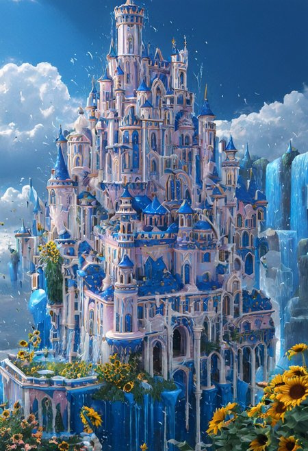 castle,
A traveler looking at a gigantic castle made of dozens of towers, medical, white, grass,matchcraft floating island , ((floating island)), ((towers )),( sky ), (fly ), cloud,waterfall, raining, breezes, stream of water, river, (pink water), (sunflowers ),( Blue AND white castle)