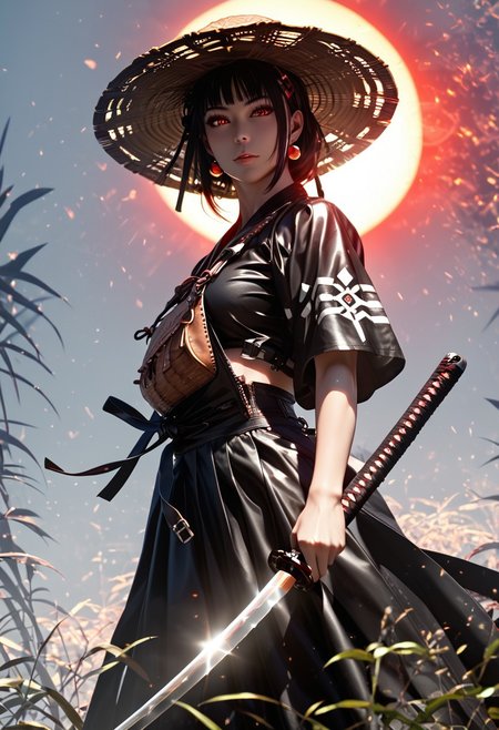 score_9, score_8_up, score_7_up, score_6_up, score_9, score_8_up, score_8, OverallDetail, Expressiveh, (anime_source) ( dynamic angle) very aesthetic, rating_questionable, raitng_explicit,
 i want the whole image to be created in 3D anime style
Female samurai warrior,wearing large traditional straw hat,glowing red eyes,dark silhouette,detailed armor with technological elements,flowing tan and black robes,holding a katana,red sun setting in background,silhouette of bamboo plants,smoky misty environment,
detailed background, detailed body