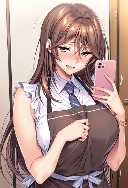 general,highres, ultra-detailed,very aesthetic,best quality ,best hands,masterpiece, best quality, newest, highres, score_9, score_8_up, score_7_up, source_anime, rating_explicit,1girl, yokota mamoru style,motion lines,Very straight nose，slim,slender face,perfect nose,torogao,seductive smile,looking at the viewer
Ichinose Honami,Brown hair, hair Parted to Side, Sidehair, Spiky Bangs, Waist Length hair,long hair,amber eyes,slim
1girl, solo, long hair, phone, apron, cellphone, jewelry, necktie, brown hair, blush, holding, holding phone, ring, brown eyes, open mouth, sleeveless, smartphone, shirt, breasts, hair between eyes, sleeveless shirt, indoors, bracelet, large breasts, very long hair, white shirt, collared shirt, bangs, upper body, embarrassed