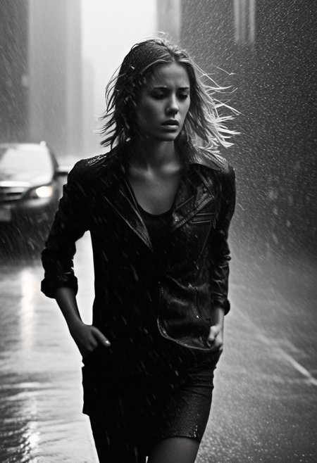 Captivating black and white photo of a melancholic young woman in the midst of a stormy city street, tears trickling down her face mingled with the falling rain, captured in an energetic stance, zoning and exposure rule of thirds, cinematic noir tone, striking contrasts, volumetric lighting casting shadows and adding depth, painstaking sharpness