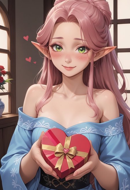 score_9, score_8_up, score_8, perfect detailed face, eyeliner, detailed fingers, detailed eyes. 1girl, sexy elf woman, slim, small breasts, long hair, pink hair, updo hair, green eyes, heart-shaped box, holding, box, gift, valentine,blush, shy smile, shy, zen garden, blue kimono, bare shoulders, hearts, close up