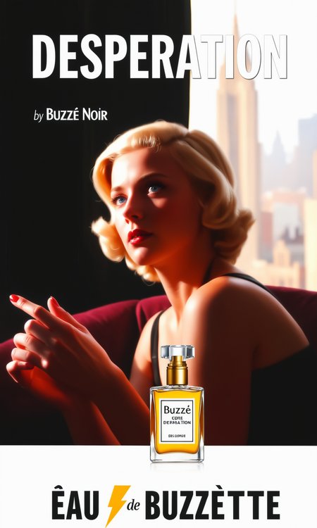 ((TITLE: in a (large art-deco font) at the top is the title "DESPERATION". just below the title in smaller block-font is the phrase "by Buzzé Noir")), at the very bottom is a caption in black on white that says "EAU de BUZZETTE",

SUBJECT: solo woman, ((looking longingly out the window at the cityscape)), sfw, (1950s clothing, 1950s aesthetic, film grain, retro photographic film technique), (desaturated), ((focus on eyes, eye detail), upper body, blonde woman, (wrinkles:0.8), blue eyes, wearing a classy dress, sitting on a couch by the window in a New York City hotel room, (sunlight and shadow), (expensive perfume advertisement), (moody, dramatic light illuminating half her face, shadows), eyes open, standing, shot with a 65mm lens, ((she looks relieved about something, there is a smug satisfaction in her expression)), (the sunlight on her face illuminating the extreme detail in her iris), the woman is holding a small bottle of perfume labeled "Buzzé", the label has a golden thunderbolt on it