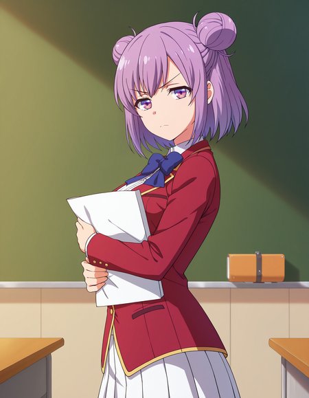 masterpiece,best quality,classroom,blackboard,chairs,(desks:0.8),looking at viewer,(v-shaped eyebrows:0.7),(light frown:0.8),(half-closed eyes:0.8),holding document,, <lora:tcbn1:0.9>
tcbn,solo,short hair,(purple hair:1.5),light purple eyes,hair bun,double bun,(tareme:0.7),anime coloring
red jacket,white shirt,white skirt,pleated skirt,advanced_nurturing_high_school_uniform