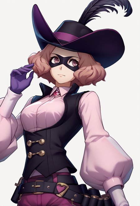 score_9, score_8_up, score_7_up, source_anime, 1girl, solo, <lora:zs_EngagePortraitsXL:1> engageportraits, portrait, white background ADDCOMM
<lora:HaruP5-pdxl:1> ptHaru, short hair, domino mask, black hat, hat feather, pink collared shirt, puffy long sleeves, black vest, underbust, purple gloves, purple shorts, puffy shorts, belt, bandolier, black pantyhose, black shoes