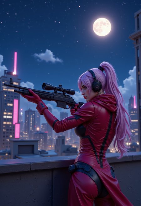 "A woman in a Widowmaker cosplay from Overwatch, aiming her sniper rifle from a rooftop at night."
aidmaimageupgrader, aidmaHyperrealism, pinketherealmj, aidmafluxpro1.1