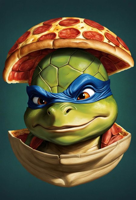 split ((vertically)),  a rond pizza inside Leonardo the Ninja Turtle head.