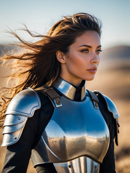 A dynamic cinematic photograph of Anna_Bianchi_P_MXAI_SDXL , wearing full plate armor, in a battlefield, windblown hair, smudges, dirt, windblown hair,, SK_CINEMATIC, ziprealism