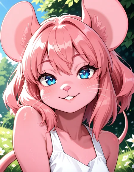 masterpiece, best quality, very aesthetic, absurdres,
outdoors,  
upper body, posing, 
 seductive smile, parted lips, long eyelashes,
 <lora:Mouse_Girl_v01_NAIXL:1>
M0sgr1,1girl,solo,furry,furry female,mouse girl,mouse ears,pink hair,short hair,blue eyes,snout,animal nose,whiskers,buck teeth,body fur,pink fur,mouse tail,