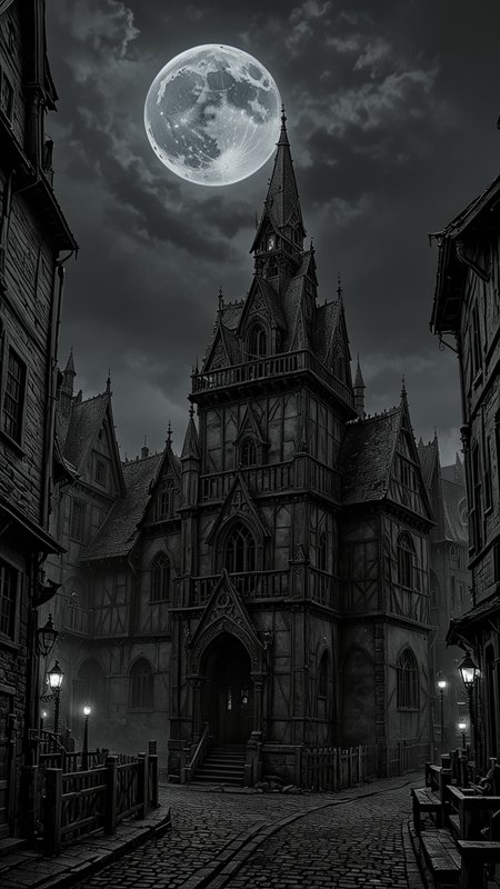 The city of yharnam, oil painting, Blue moon, realistic, extreme detail, scary, terrifying, dark and warm environment, 8k, Epic, (Use Dream Diffusion Secret Prompt),  <lora:Black__White_One_Accent_Color_-_By_Dice:1>, (Black and white image, Blue Accent), UHD