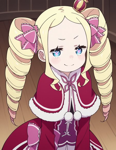 score_9, score_8_up, score_7_up, source_anime, <lora:rezero-beatrice-s3-leak-ponyxl-lora-nochekaiser:1>, beatrice, long hair, blue eyes, blonde hair, twintails, hair ribbon, sidelocks, symbol-shaped pupils, drill hair, twin drills,, dress, ribbon, fur trim, capelet, crown, mini crown, red capelet, frills, bowtie,, indoors, bent over, smile, smug, looking at viewer, solo,, cowboy shot, dutch angle
