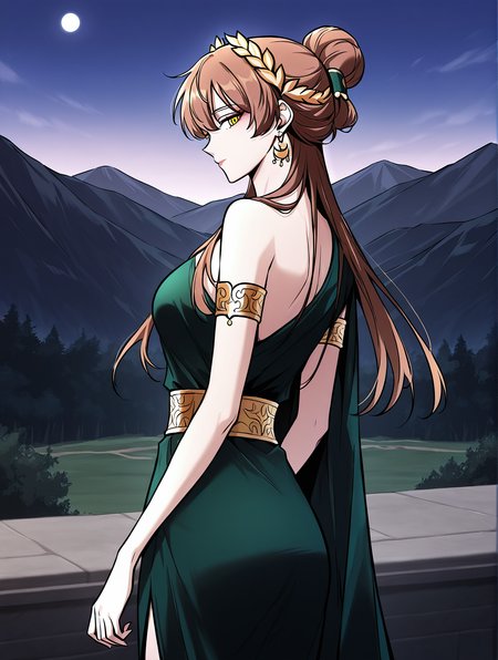 <lora:Omniscient_Readers_Viewpoint__Persephone:1>
1girl, solo, brown hair, long hair, braid, hair bun, hair ornament, yellow eyes, golden laurel crown, 
green dress, one shoulder dress, long dress, gold waistband, golden armlet, moon earrings, asymmetric dress, slit dress, greek style dress, bare shoulders,
score_9, score_8_up, score_7_up, source anime, BREAK, cowboy shot, (from side), looking back, looking at viewer, overlooking mountain, high altitude, scenery, exterior, background