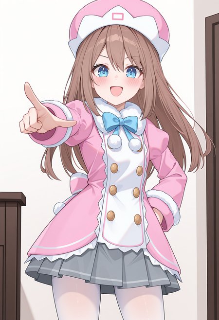 highres, best quality, masterpiece, indoors,
1girl, solo, nptram, brown hair, long hair, blue eyes,
nramdef, hat, pink headwear, pink coat, dress coat, pom pom \(clothes\), double-breasted, fur-trimmed coat, grey skirt, skirt under dress, pleated skirt, white pantyhose,
looking at viewer, blush, smile, open mouth,
hand on own hip, pointing, 
<lora:_ram_neptunia-elesico-ilxl:1>