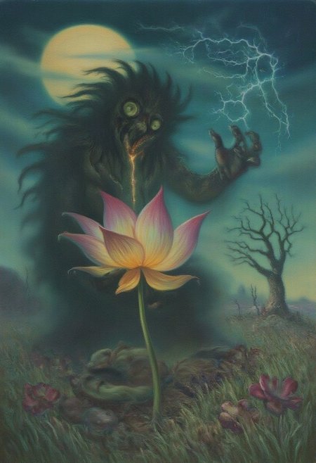magr1 illustration.
An ancient, iridescent lotus with fractal-patterned petals and sun-bleached edges is clutched by a shadow-wreathed entity with gnarled, obsidian claws, its form dissolving into ash-toned smoke, set against a dusk-lit desolate meadow under a stormy sky streaked with crackling lightning. Bioluminescent veins pulse within the flower, casting a faint amber glow against the entity’s cold moonlight silhouette, evoking melancholic duality—decay versus lingering warmth. Stylized with Zdzisław Beksiński’s surreal dystopian textures and Alphonse Mucha’s flowing lines, using muted slate and ash contrasts against vibrant saffron-crimson blooms, rendered in chiaroscuro with shallow depth of field for haunting, ethereal tension.