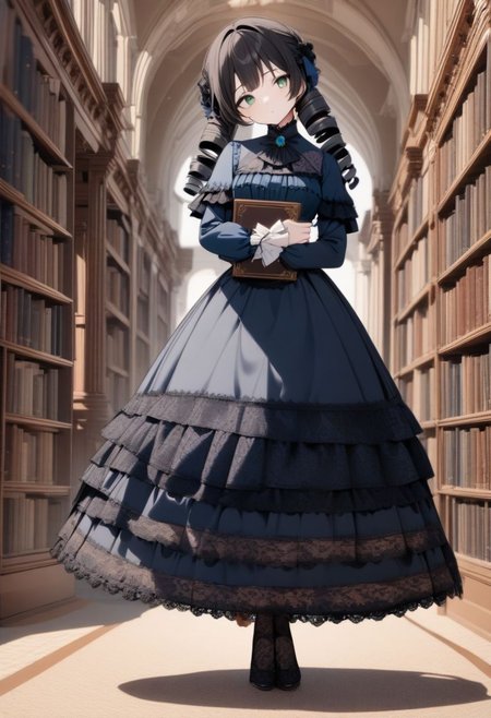 8k, masterpiece, highly detailed,
1girl wearing an  blue  (victorian dress), <lora:victorian_dress-XL-2.0:1>
black hair, ringlets, green eyes,
full body, head tilt, holding a book, library, black lace