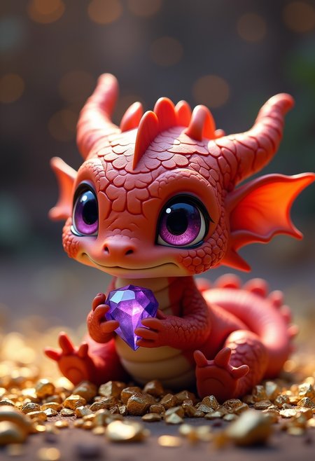 a baby dragon lying on a small pile of gold, holding a shining jewel in its clan, detailed scales, cute, fantasy setting, magical background, red scales, big purple eyes,
Photorealistic, Highly detailed, masterpiece, 4k, high resulution