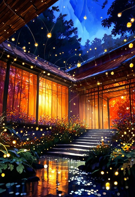 mix of watercolor and oil painting, realistic, photo, photorealistic, etheral, motion lines, glowing, Chiaroscuro, spa retreat background, at After dusk, {autumn|fall}, Heatwave Weather, deep colors, vivid, colorful, fairy tale aethestics, magic, fireflies, cinematic composition, volumetric lighting, bird’s eye view, specular shadow, Radiant sky backdrop, celestial, ethereal, (masterpiece, best quality), ultra detailed, highly detailed, insanely detailed