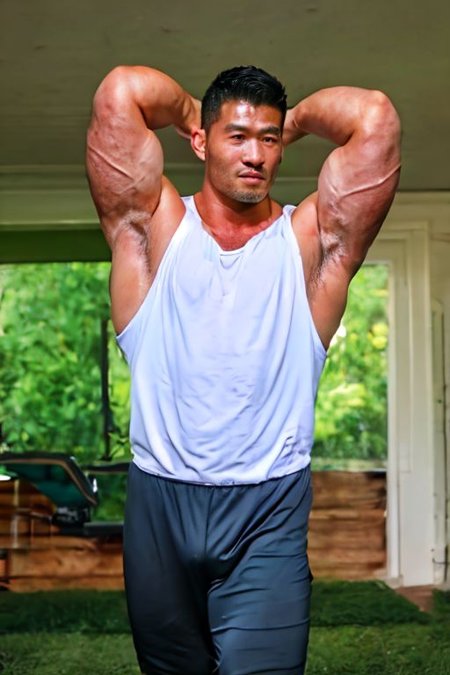 asian sexytrainer, tank top/sleeveless shirt, shorts/sweatpants/leggings, realistic, masterpiece, intricate details, detailed background, depth of field, photo of a handsome, dynamic pose, sweaty, sidepec, exercise, natural face expression, detailed Hunter Kang face, big remarkable nipples covered by sleeveless shirt, big bulge pants, serious manly face, arms up, hairy armpits, lying on the bed in his house