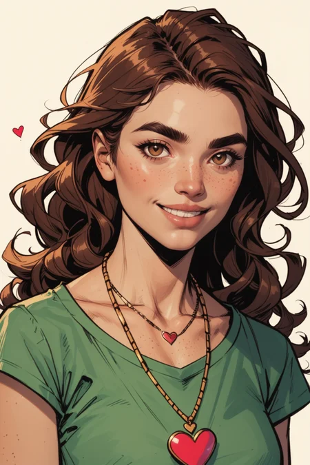 1girl, jewelry, solo, necklace, realistic, looking at viewer, heart, heart necklace, freckles, brown hair, long hair, lips, shirt, portrait, wavy hair, green shirt, eyelashes, brown eyes, thick eyebrows, smile, pendant, <lora:Expressive_H:0.5>, score_9, score_8_up, score_8_up, a_Comic_Illustration, rough lines with ink, (drawn:1.1), (sketch:1.5), (crosshatching:1.25), (comic style:1.1), graphic novel style, sharp lines, hires, zstyle, (western comics \(style\):1.1), (hatching \(texture\):1.2), zPDXL, Mr_Monster_Possitive