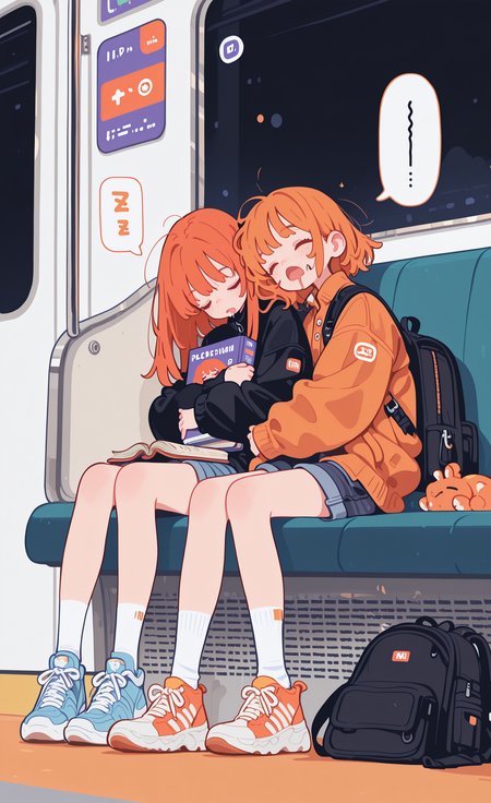 masterpiece,best quality,amazing quality,  long hair, open mouth, short hair, multiple girls, holding, 2girls, sitting, jacket, closed eyes, shorts, shoes, socks, bag, orange hair, speech bubble, book, backpack, sleeping, sneakers, drooling, freckles, hugging object, train interior, haiz_ai,
Flatline, Flat vector illustration,
15546+456868, <lora:ponyv6_noobE11_2_adamW-000017:0.3> <lora:mon_monmon2133:0.6> <lora:114558v4df2fsdf5:1> <lora:checkpoint-e18_s306:1.3> <lora:haiz_ai_illu:0.5>