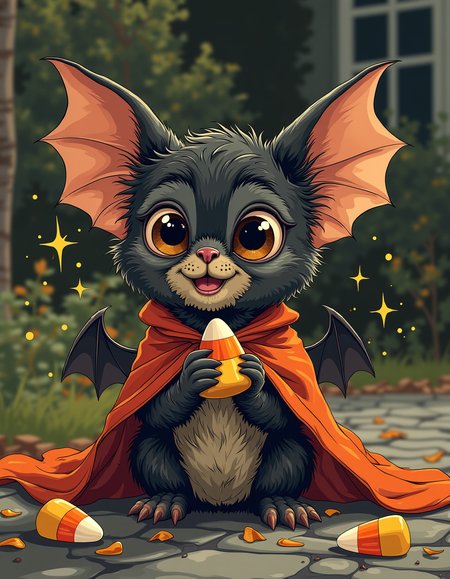 A cute, mini bat wearing a tiny red cape, with big, friendly eyes and tiny fangs. The bat is holding a piece of candy corn and is surrounded by little sparkles. Adorably spooky, cartoonish style, 4K.
<lora:fantastic-realism:0.8>