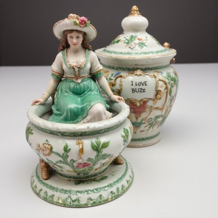 aA photograph of a ceramic woman in traditional attire, wearing a hat depicted on a chamber pot surrounded by green floral and geometric patterns, with a large hat and a plaque with the inscription "I LOVE BUZZ" in the background on a white surface in the style of Delft tableware.,<lora:aidmaTableTopMiniatures:1>,aidmaTableTopMiniatures,<lora:stained-glass:1>,