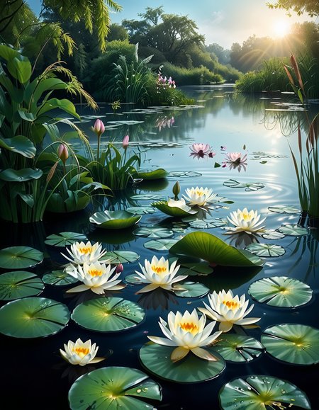 A highly detailed and realistic photograph of a serene lily pond surrounded by lush greenery. The calm water reflects the soft sunlight filtering through the overhanging trees. The surface is adorned with vibrant green lily pads, some with delicate pink and white water lilies in full bloom. A few dragonflies hover above the water, their wings catching the light. Gentle ripples create subtle distortions in the reflection of the sky and foliage. In the background, a dense array of reeds and aquatic plants frame the pond, adding depth and texture. The soft golden glow suggests late afternoon or early evening, enhancing the tranquil and picturesque atmosphere. The composition is balanced, drawing the viewerâs eye toward the natural beauty of the water lilies and their intricate details.
 <lora:SDXLFaeTastic2400:0.4> <lora:extremely_detailed:0.4> extremely detailed,<lora:lily_p0nd:1>,lily p0nd, Masterpiece,best quality,hi res,8k,hi res,8k,award winning,(sharp focus, intricate, highly detailed),