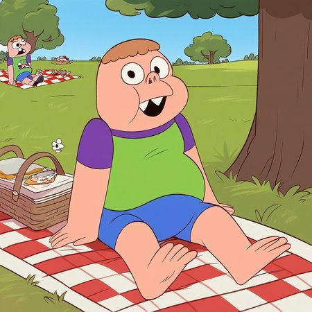 score_9, solo, Clrnce, 1boy, brown hair, short hair, buck teeth, shirt, shorts, sitting, tree, grass, picnic,