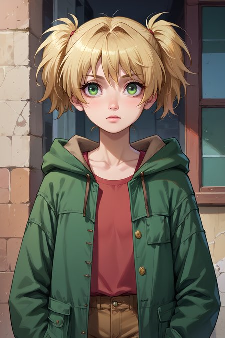 score_9, score_8_up, score_7_up, source anime, uncensored,
1girl, solo,  outdoors, upper body,  closed up,
 <lora:PerfectEyesXL:0.8> perfecteyes,
 <lora:Cal_Pony_XL:0.8> calloai, short hair, blonde hair, twintails, green eyes, short twintails, shirt, shorts, brown shorts, brown shirt, red shirt, cal devens, hood, coat, green coat, boots, brown footwear, calmilfai, short hair, blonde hair, ponytail, green eyes, breasts, flat chest,