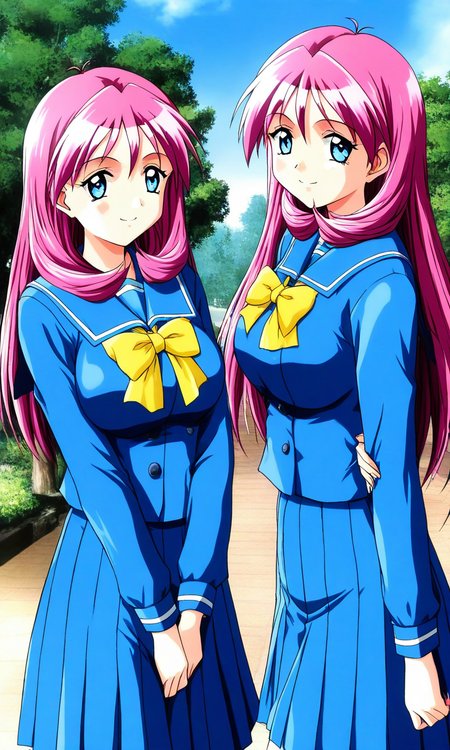 general,highres, ultra-detailed,very aesthetic,best quality ,best hands, BREAK <lora:Shirayuki_Mihoï¼Maho_Tokimeki_Memorial2_IS:1>
Shirayuki_Mihoï¼Maho, pink hair, blue eyes, long hair, large breasts, v arms, twins, 2girls,
blue school uniform, blue serafuku, blue skirt, Yellow bow, 
blue sailor collar, smile, long sleeves, pleated skirt, outdoor, tree, sky,