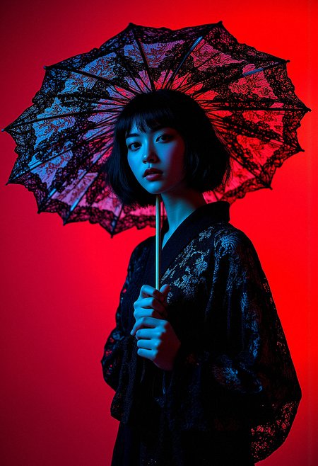 A mysterious woman holding a parasol with intricate lace patterns. She is wearing a black, lace kimono, and her figure is slightly turned to the side. Her body is partially illuminated by a soft, cool blue light that highlights the lace of her kimono, especially around her upper body and arm. Her skin is pale, and her short, curly hair falls just above her shoulders. The parasol above her head creates a striking contrast, with delicate white patterns against a bright red background. The womanâs face is partly obscured by shadows, but you can faintly see her calm, composed expression. The image uses high contrast, with vibrant red dominating the background, while the womanâs black and blue hues create an eerie, yet elegant atmosphere. The lighting is dramatic, emphasizing the textures and shapes in a minimalist, conceptual style.  <lora:FluxMythP0rtr4itStyle:0.8> MythP0rt,  <lora:aidmaImageUpgrader-FLUX-V0.1:0.33> detailmaximizer, <lora:aidmaMJ6.1-FLUX-V0.1:0.6> midjourneyv6.1, <lora:midjourney_whisper_avant_couture_v01:0.33> midjourney_whisper_avant_couture,