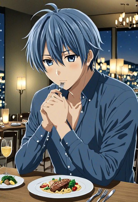high resolution, solo, best quality, 1Boy, Tomoya Okazaki, Grey Blue Hair, dating, romantic, dinner, OverallDetail