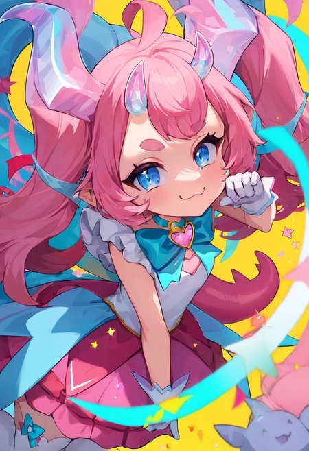 score_9, score_8_up, score_7_up, colorful, masterpiece, perfect face, post processing, slender thighs, skinny, petite
bedroom background, daytime, looking at viewer, 
Cute pose, dancing, 
smug face, (pastel colors), 
(chibidokidef, light pink hair, bow, thick eyebrows, horns, gloves, tail, pink skirt, white thighhighs, choker, light blue eyes),
1 girl, solo, Expressiveh, AissistV2