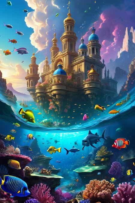 coral reef forest underwater, colorful fish ,alchemical megacities where chimera-beasts pull gold-chariots, the skies darkened by floating almshouse-prisons, mountainous_horizon,  dawn,weather raining on the bed cinematic view, epic sky, detailed, concept art, medium angle, high detail, warm lighting, volumetric, godrays, vivid, beautiful, trending on artstation, by Karla Ortiz, huge scene, grass,flower, art greg rutkowski,
 <lora:detailed_notrigger:0.7>, <lora:add-detail-xl:0.3>, oil painting art style from Renaissance period, masterful composition, Renaissance mood, renaissance oil painting, brush strokes, Baroque art style, dynamic composition, dramatic lighting, rich colors, intricate details, professional-grade execution, captures the grandeur and theatricality of the Baroque period
