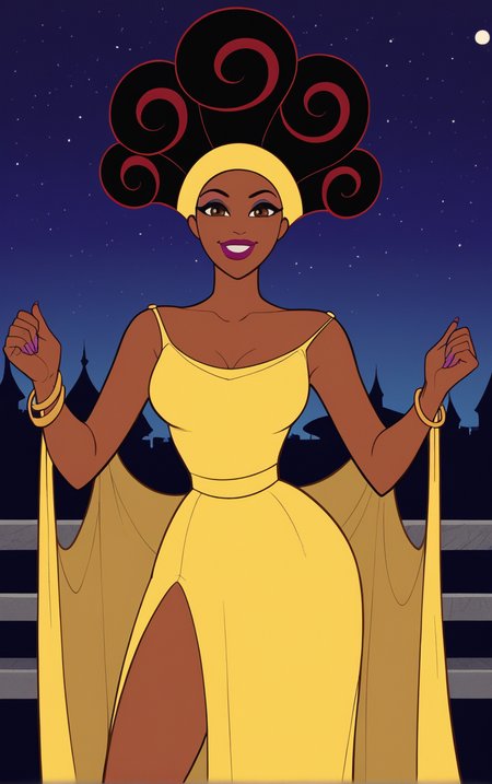 score_9, score_8_up, score_7_up, looking at viewer,  BREAK  
YellowDress_Muse_Calliope_ownwaifu, 
1girl, afro, big hair, breasts, brown eyes, brown hair, curly hair, dark skin, dark-skinned female, eyeshadow, hair up, hairband, lips, long hair, makeup, very dark skin, lipstick, medium breasts, colored skin, 
yellow dress, yellow headband, cape, bare shoulders, cleavage, sleeveless dress, strap slip, bracelet, long dress, off shoulder, side slit,
(standing, ojou-sama pose), gothic cathedral in background, night sky, moonlight, bokeh, outdoors, <lora:PONYXL_Hercules_Muse_Calliope_ownwaifu:0.7>, depth of field, solo,