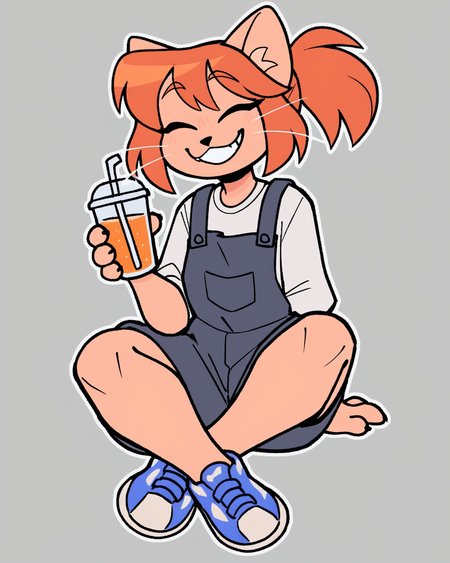 score_9_up, score_8_up, score_7_up, score_6_up, by remanedur, furry female, cat, female, furry, orange hair, eyes closed, overalls, ponytail, whiskers,   small breasts, white shirt, bangs, sneakers,  holding cup,  looking at viewer, grin, smile, happy, head tilt, solo, three-quarter view, simple background, white outline,  <lora:Leah_Pines(AIM)_XL_v1:0.15> <lora:PDXL_artist_tags_v2_big:0.5> <lora:The-Minuscule-Task_PDXL_v1.0:0.6>  <lora:Abbey_Tompkins_jopitr:0.65>