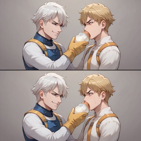 masterpiece, absurdres, best quality, high quality, 2boys, males only, yaoi, bottle feeding, blonde hair, white hair, smirk, humilliation, tears, 2koma, safety mittens, restraining booties, progression