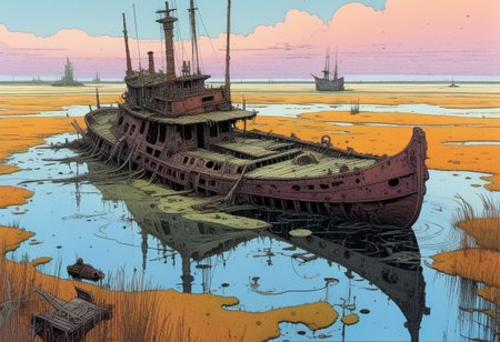 Landscape, Moebius (Jean Giraud) Style page, sunken ship, poison, swamp, marsh