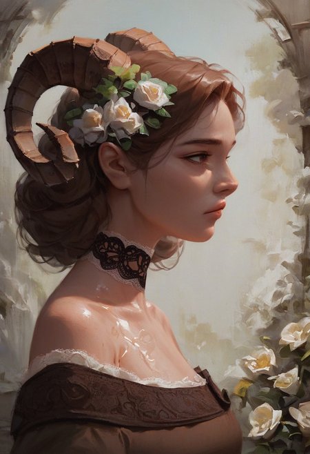 score_9, score_8_up, score_7_up, masterpiece, best quality, newest, absurdres, highres, 1girl, 
oil painting, pail skinned, long straight brown hair,  whi0te flower on hair, ram's horns. Expressive, brown eyes, small nose, full lips, off-shoulder, brown dress, lace trim, lace choker, upper body, from the side